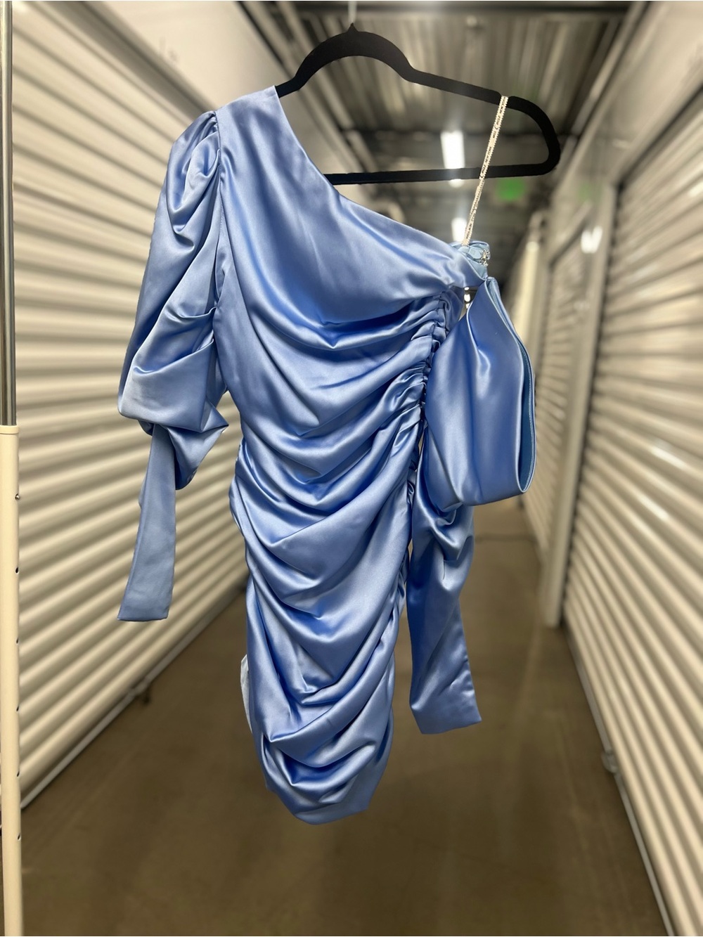 Satin One-Shoulder Ruched Mini Dress - Light Blue - Picture 9 of 9